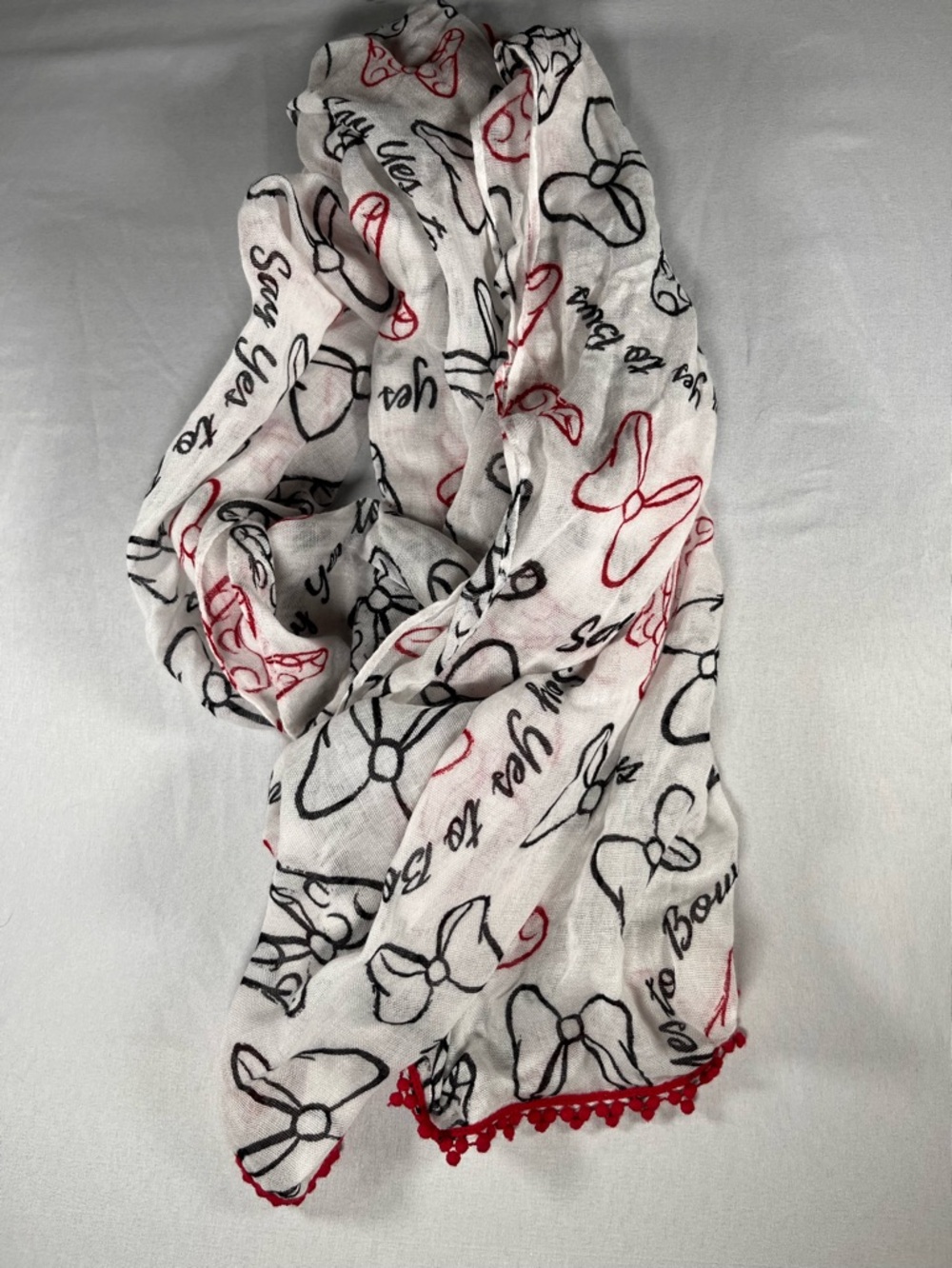 Disney White Scarf with Black Bow Print and Red Trim